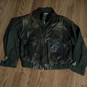 Vtg Adventure Bound Men's‎ Green Brown Mix Fabric Leather Bomber Jacket Aviator